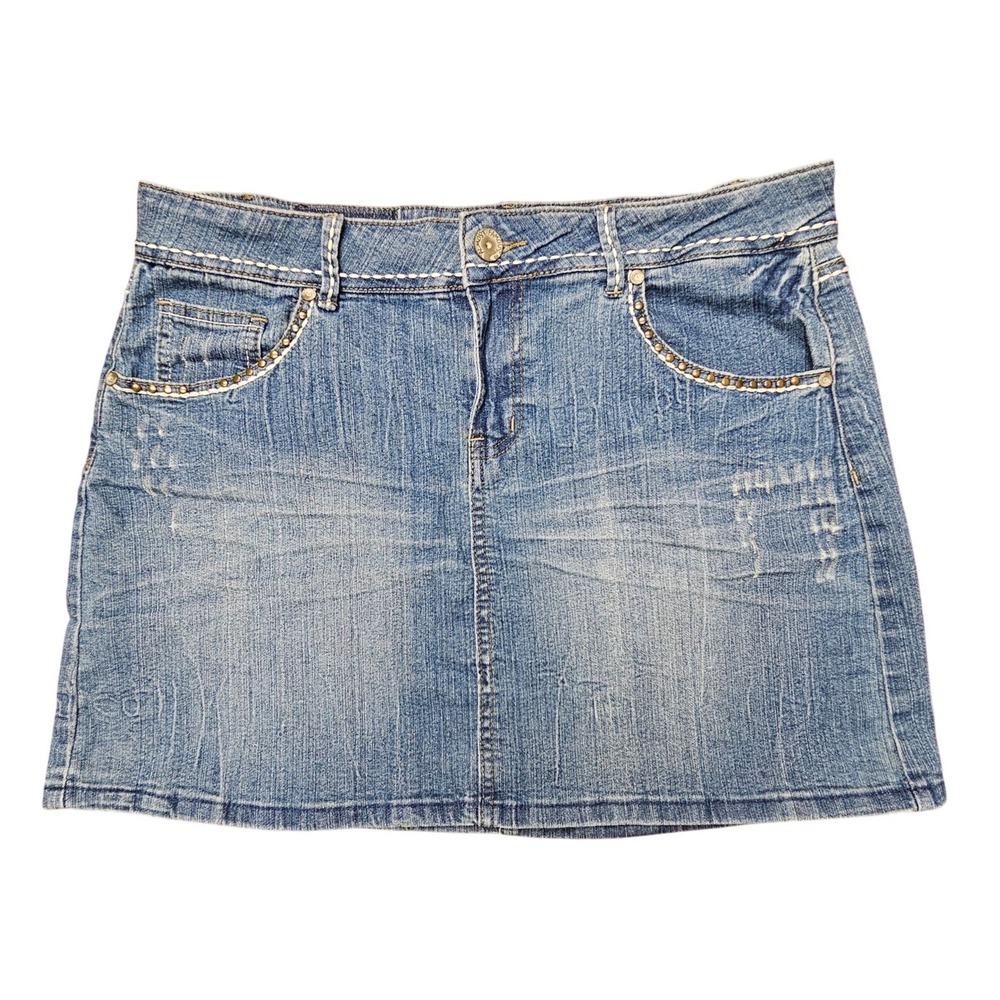 Almost Famous Denim Mini Skirt Womens 16 Blue Studded Stretch Y2K Distressed